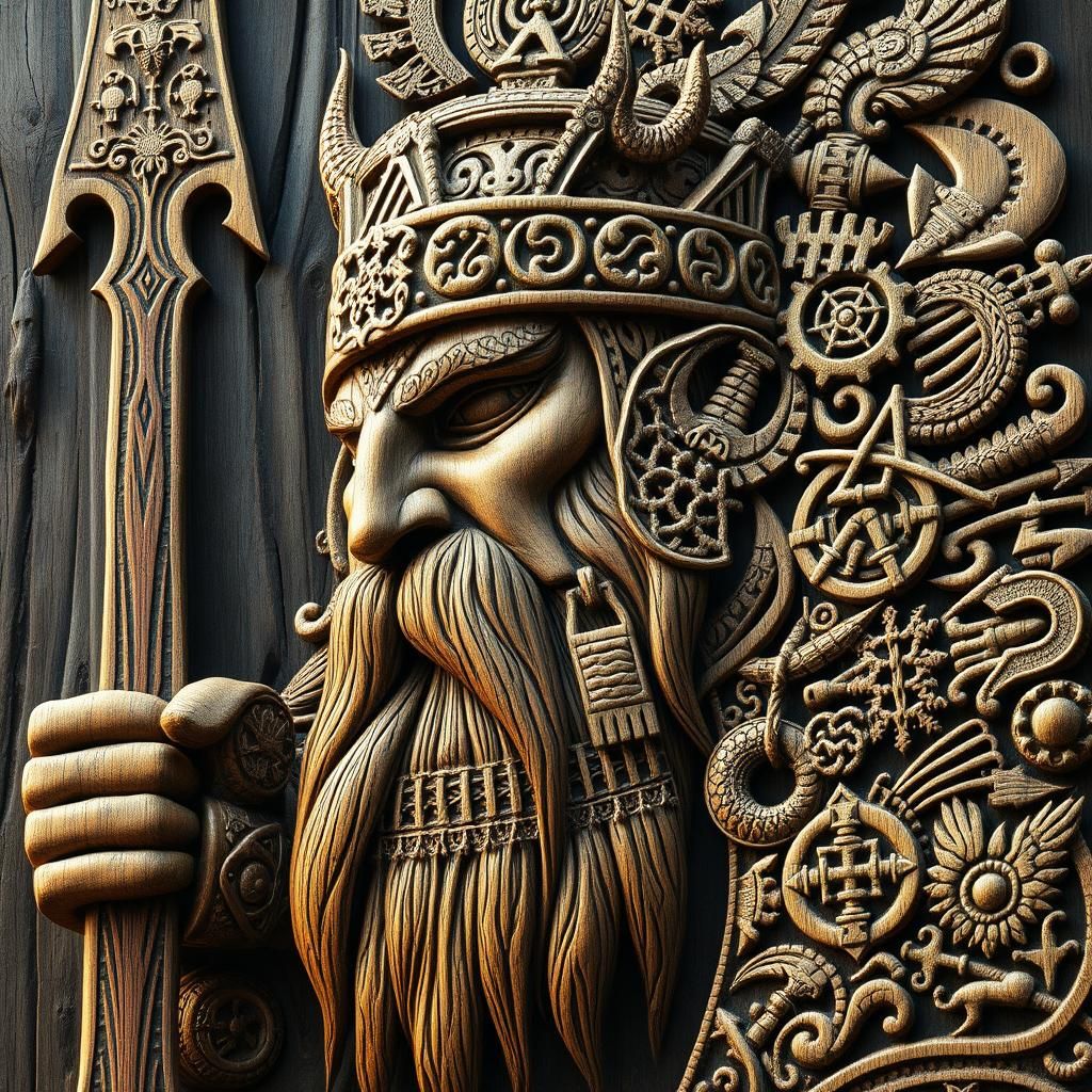 Intricate Wooden Viking Warrior Gouache Painting