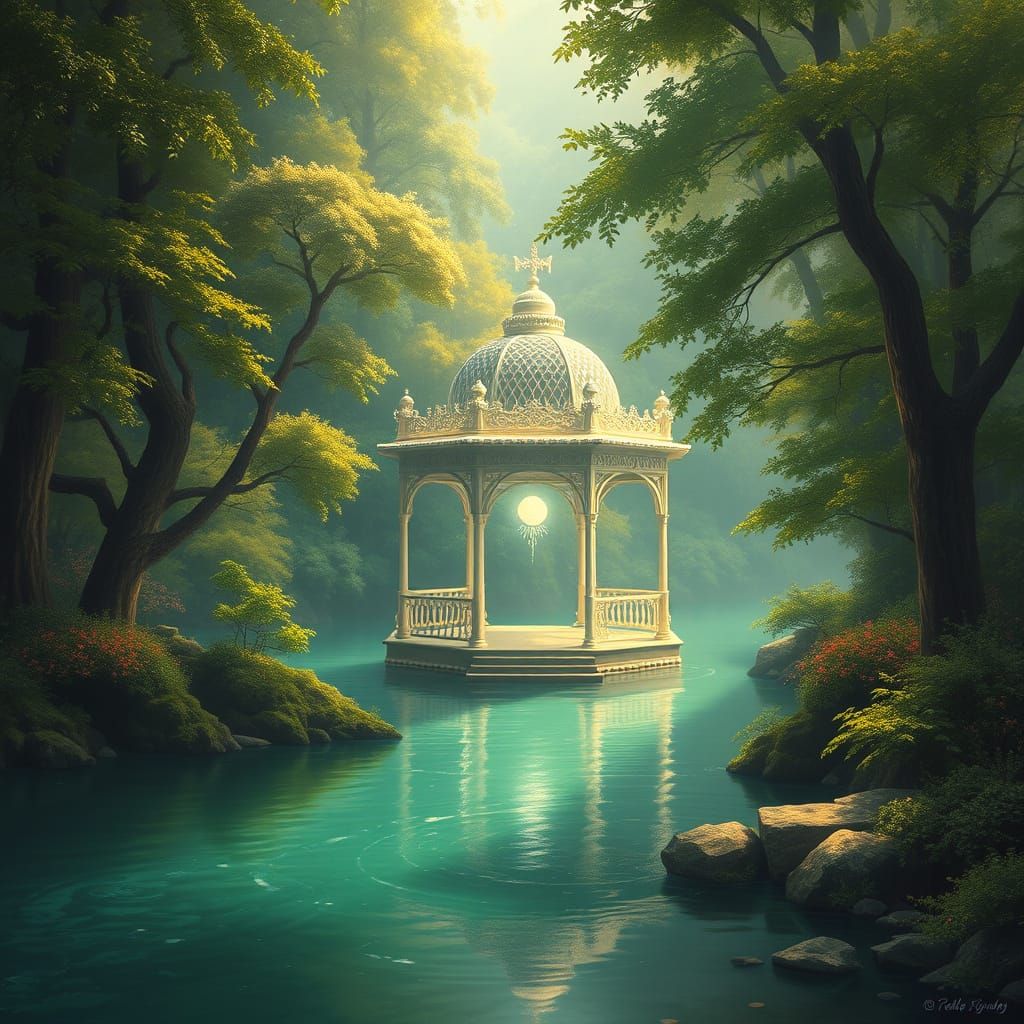 White Pavilion on Emerald River in Fantasy Landscape