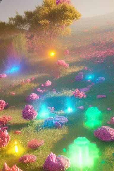 Multicolored crystal landscape flowers, magical light backgr...