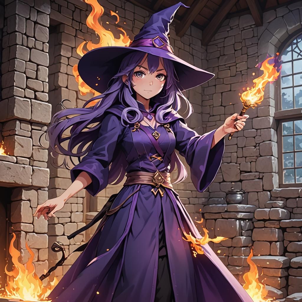 Anime Witch with Fire Magic Wand