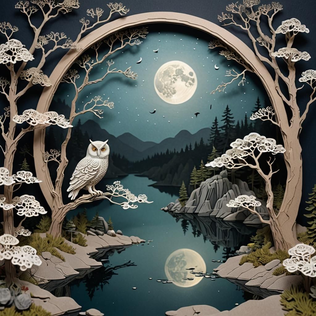 Moonlit Lake Reflection in Delicate Paper Lace Style