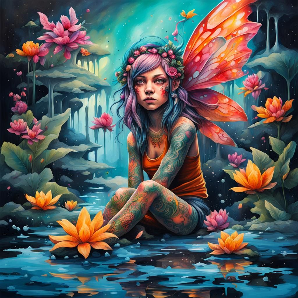 Tattooed Fairy in Lagoon: Graffiti Art Style