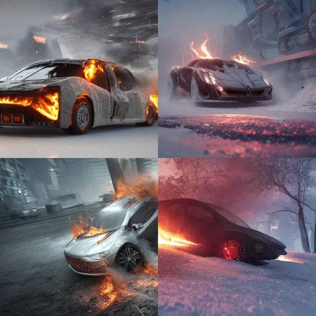 Burning Car on Ice in Futuristic Sci-Fi Style