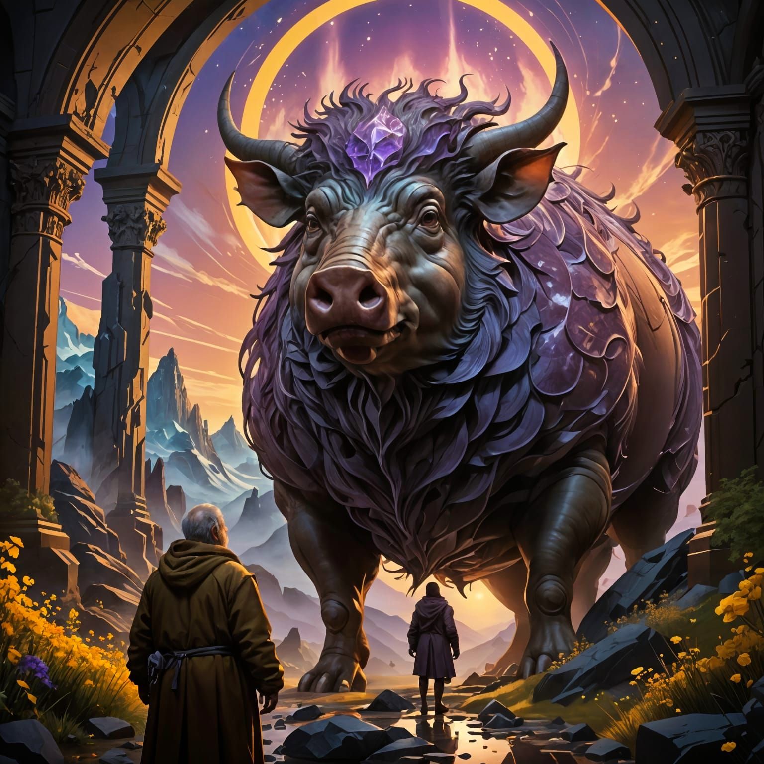 Surreal Pig-Man and Boar Reflection Under Aurora Sky