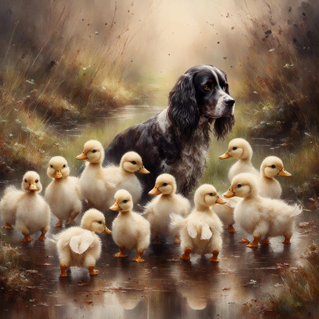 Ducklings Follow Dog in Watercolor Style