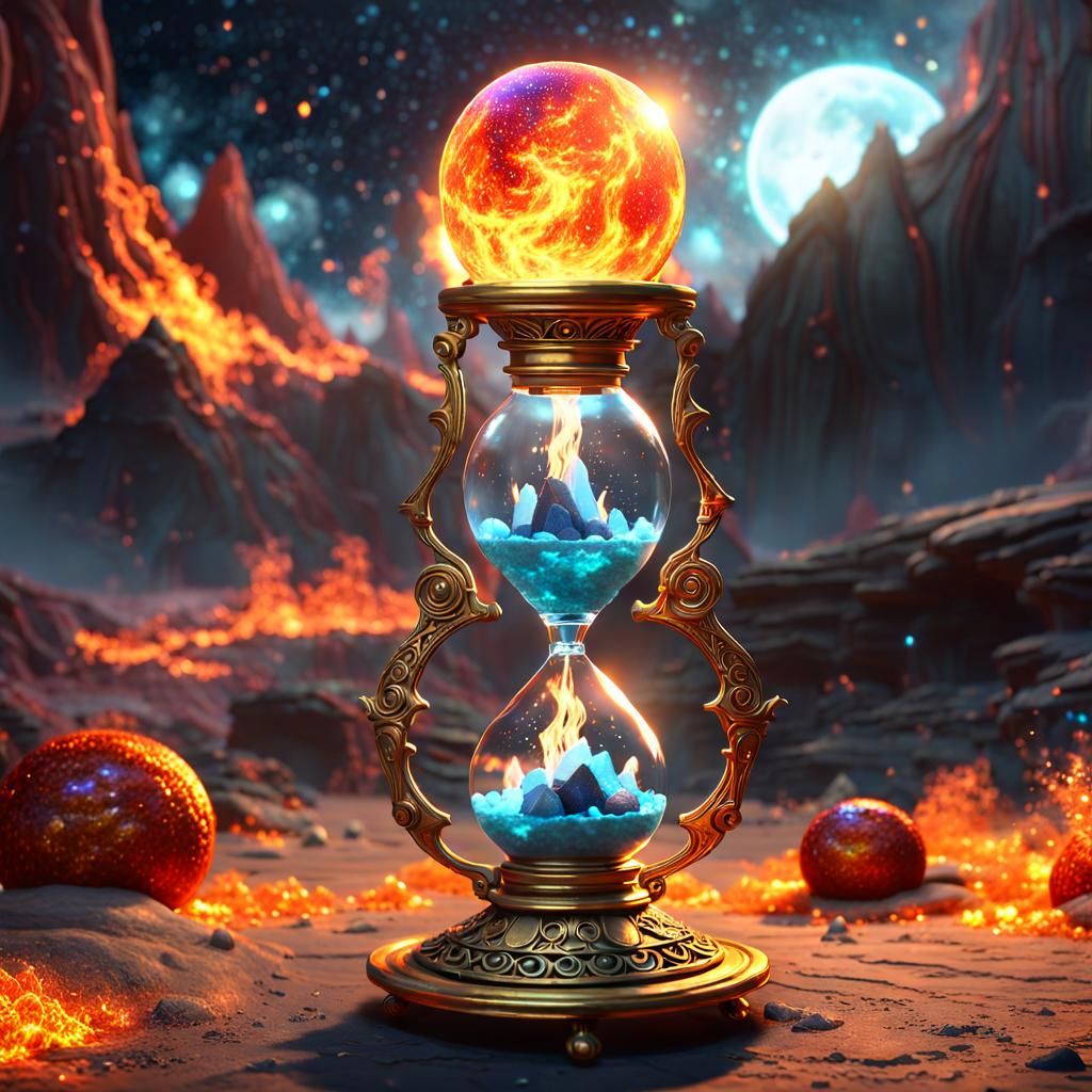 Ethereal Hourglass with Galaxy Fire and Alien Crystals