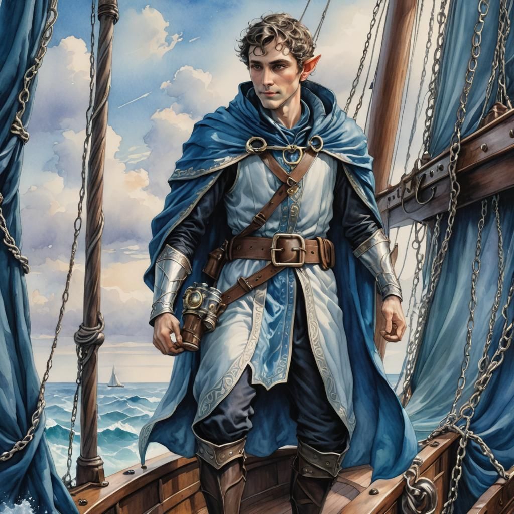 Elven Bard on Deck in Watercolor Style