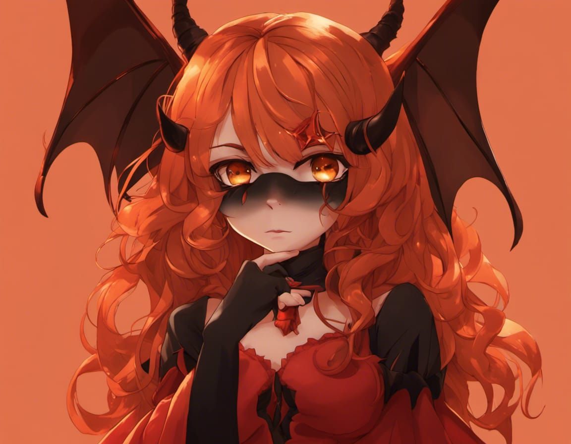 Orange Devil Girl with Copper Hair and Wings