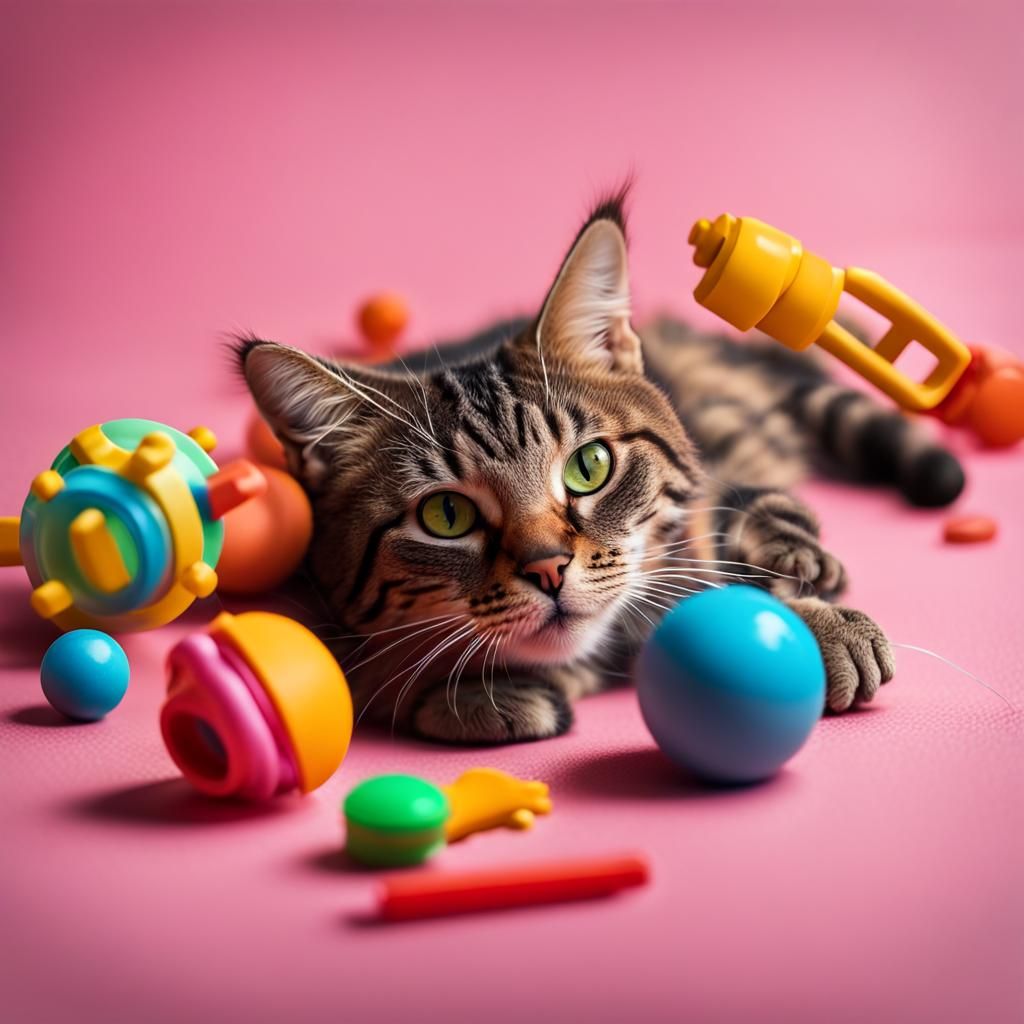 Hyperrealistic Cat Playing with Toys