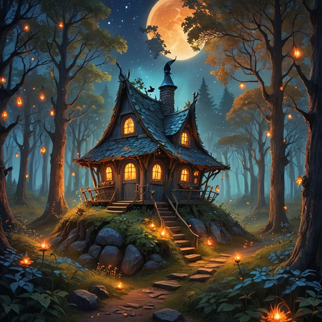 Fantasy Witch's Hut in Starry Forest, Digital Art