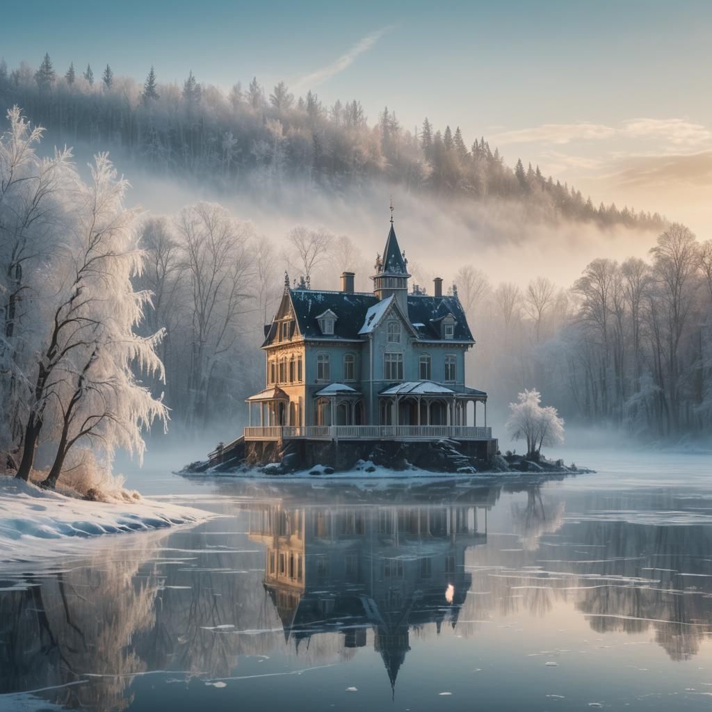 Ethereal Lakeside House in Winter Wonderland