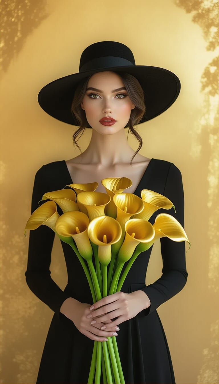 Vogue-Style Fashion Portrait of Woman with Golden Calla Lili...