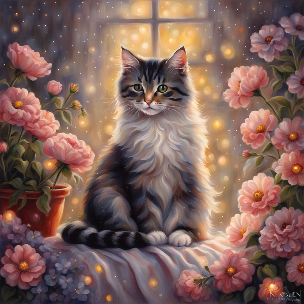 Cute Cat Surrounded by Flowers and Heart Lights