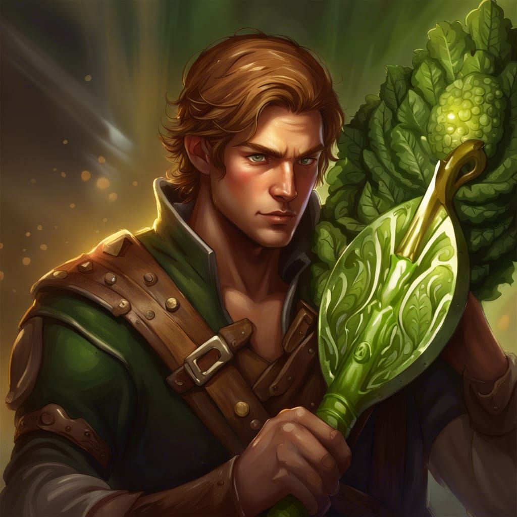Fantasy Male Character with Vegetable Shield, Splash Art