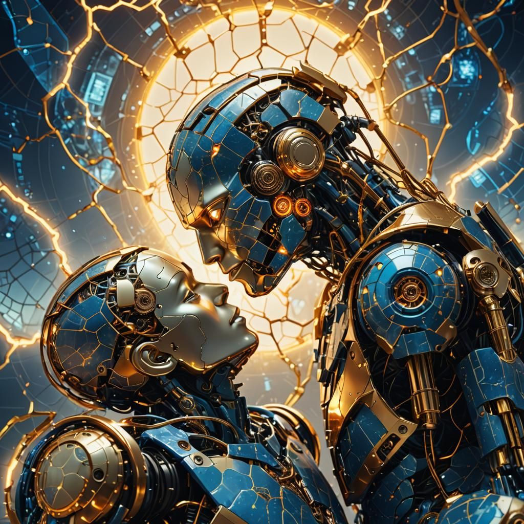 Robots Kiss in Kintsugi Fractal Art