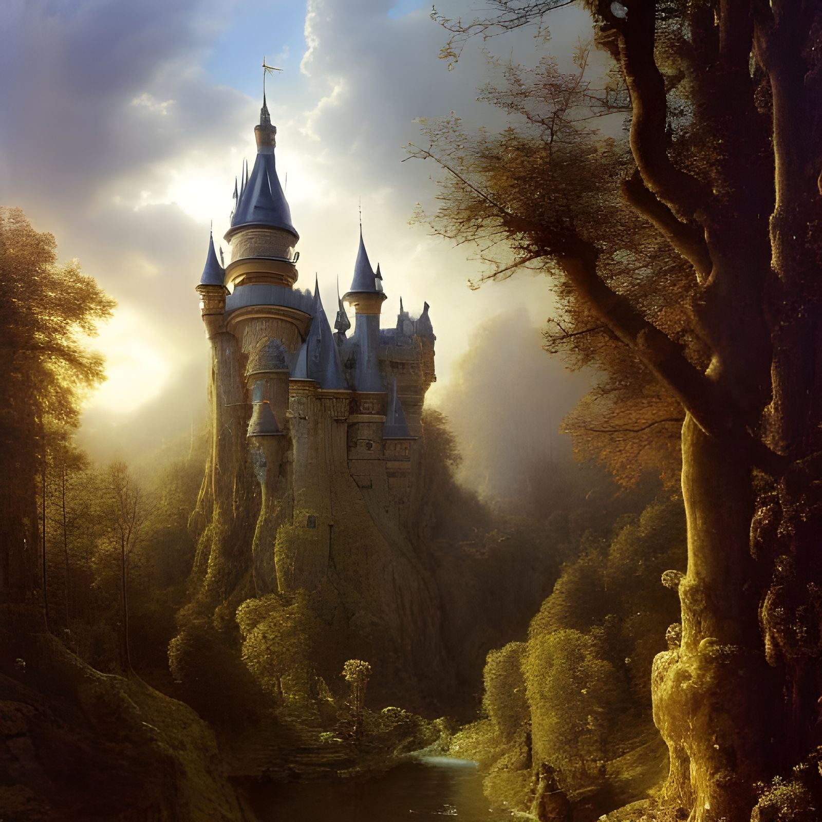 Medieval Dwarf Castle in Autumn Forest, Oil Painting