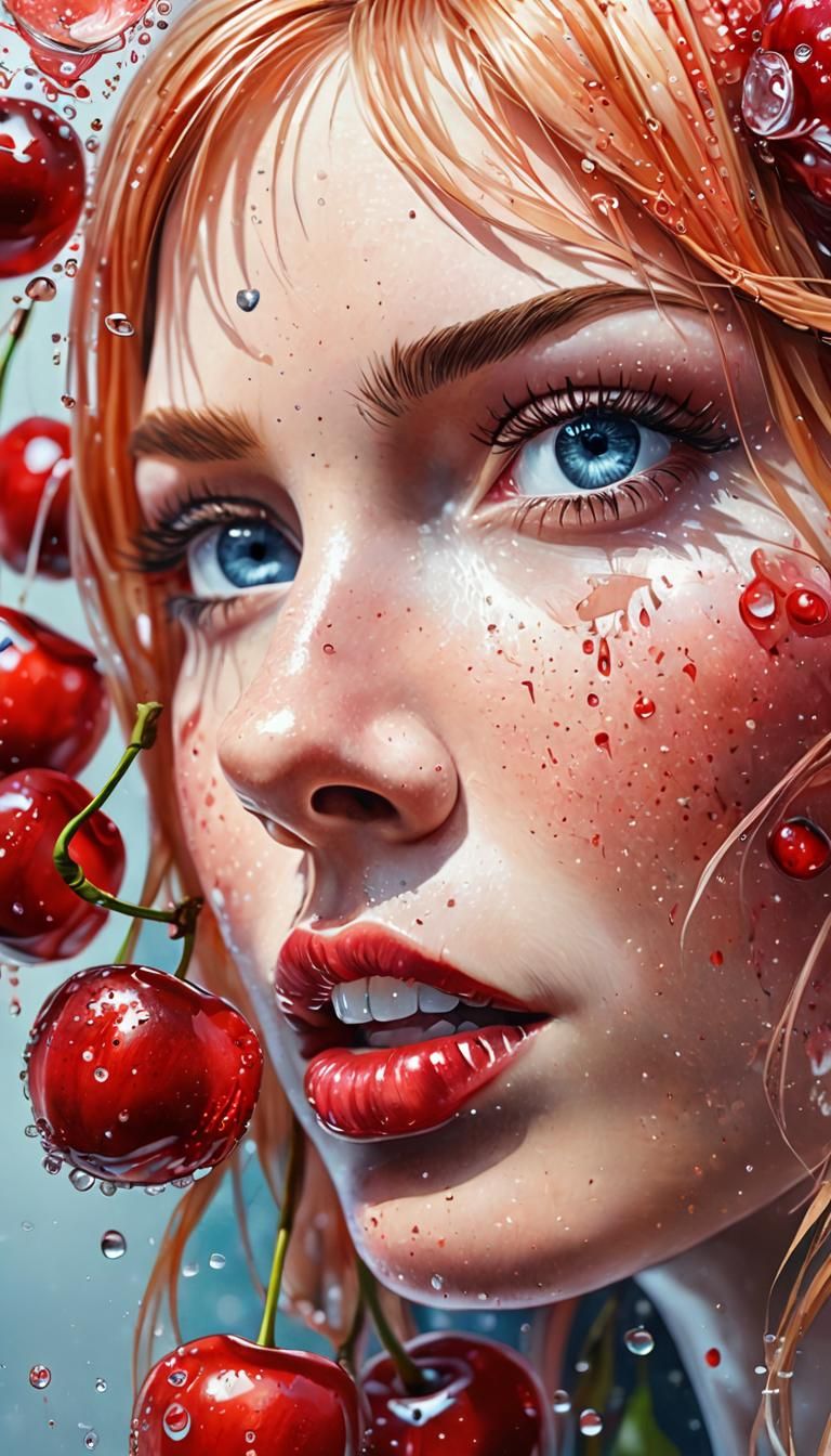 Hyperrealistic Frozen Cherries Watercolour Painting