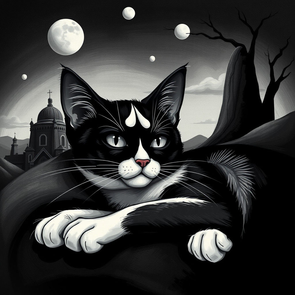 Black and White Cat in Surrealist Dreamscape
