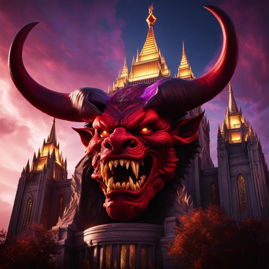 Menacing Demon Head with Temple, Dark Fantasy Art