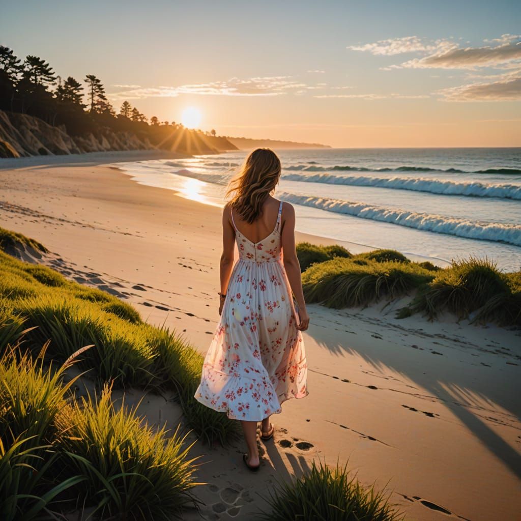 California Sunset Beach Scene with Woman Walking Alone