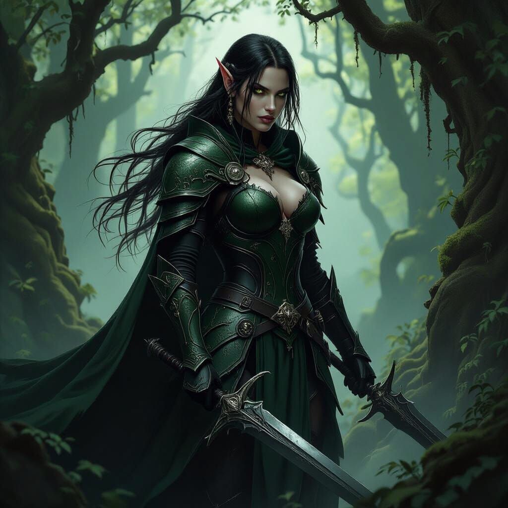 Elf Warrior in Dark Forest, Gothic Horror Style