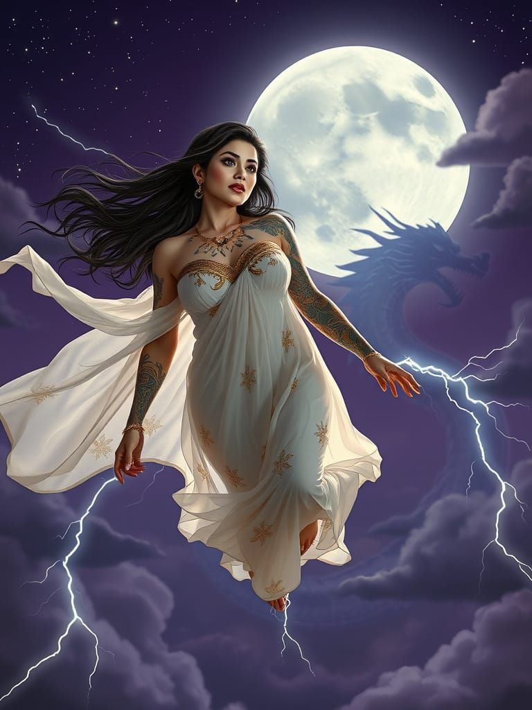 Celestial Woman in Starry Dragon Sky
