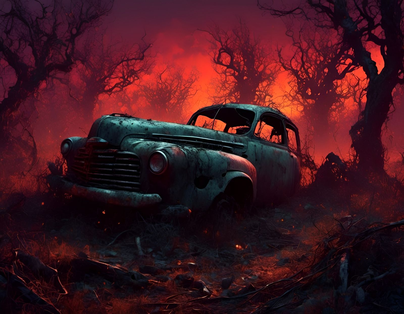 Eerie Haunted Junkyard in Forest at Evening