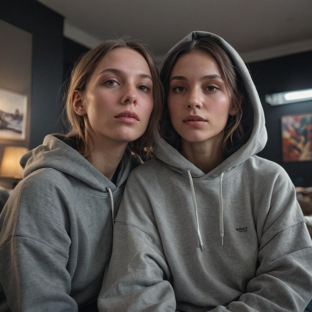 Women in Hoodies on Couch: Hyperrealistic Digital Art