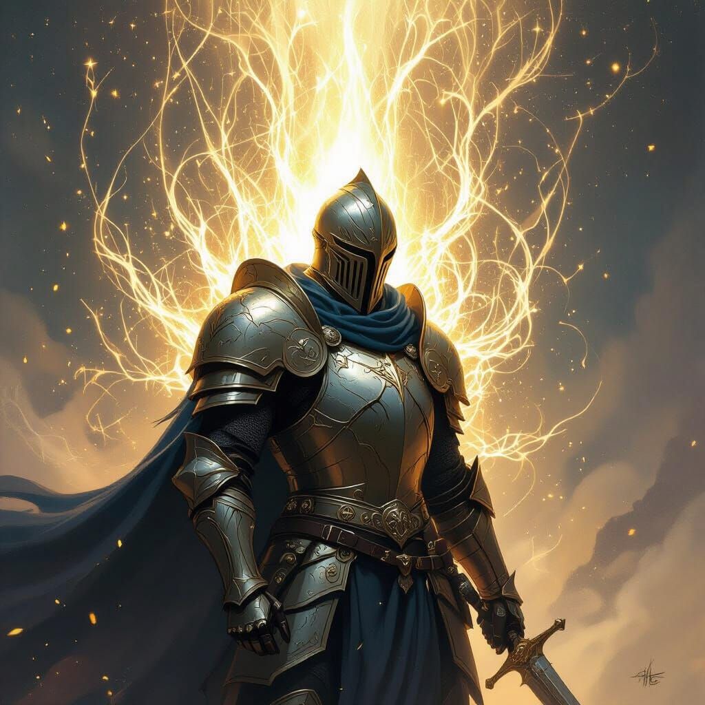 Valiant Knight Bathed in Ethereal Golden Aura