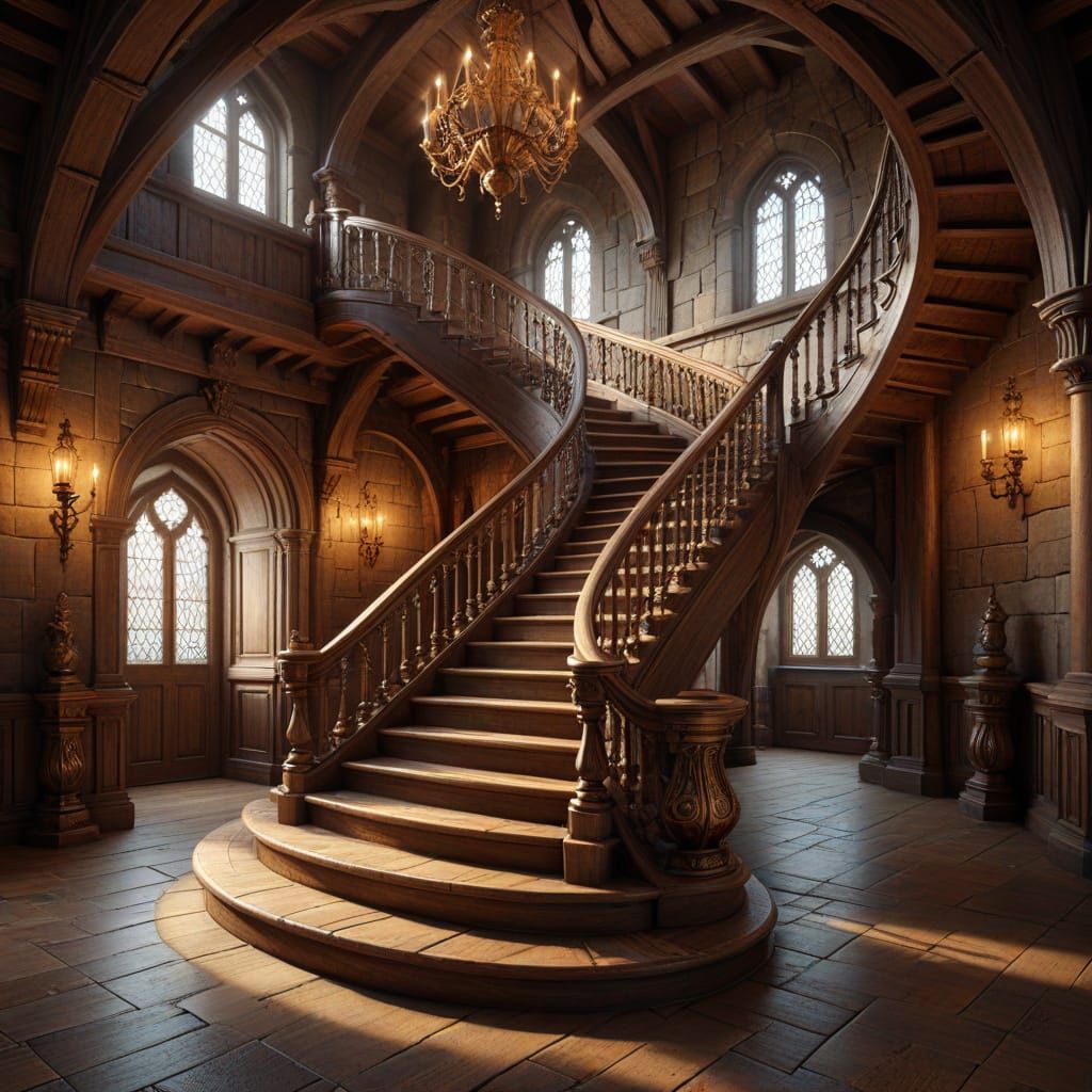 Winding Wooden Staircase in Castle: Fantasy Concept Art