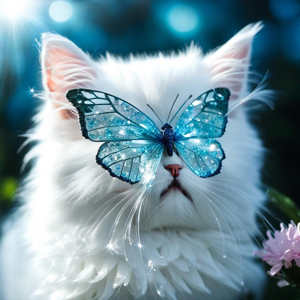 Crystal Butterfly on Kitten's Nose in Anime Style