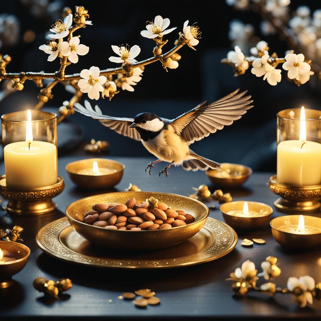 Chickadee Among Golden Candlesticks and Almond Blossoms