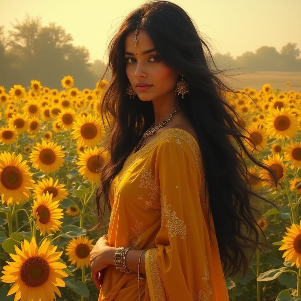 A young Indian woman with long, flowing black hair stands in a field of vibrant sunflowers, wearing a traditional sari a...