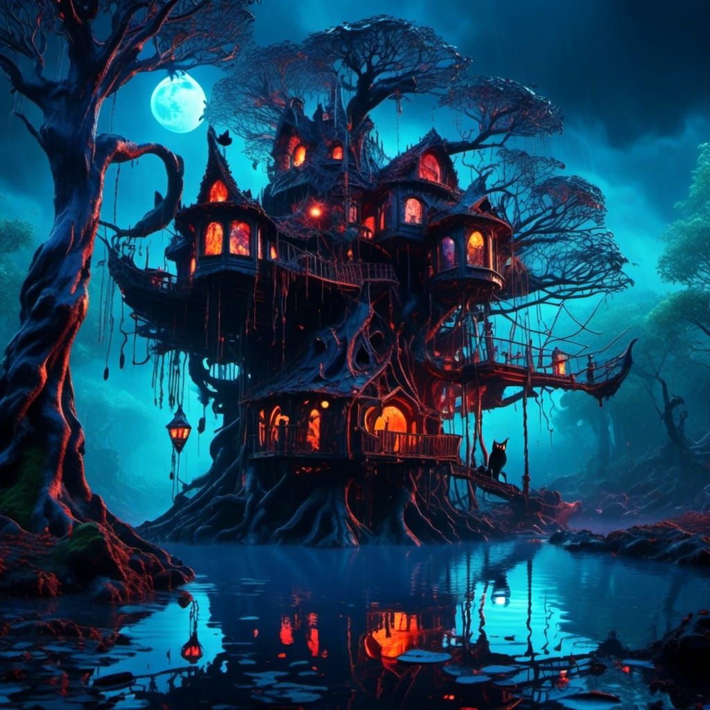 Eerie Treehouse in Swamp with Black Cat