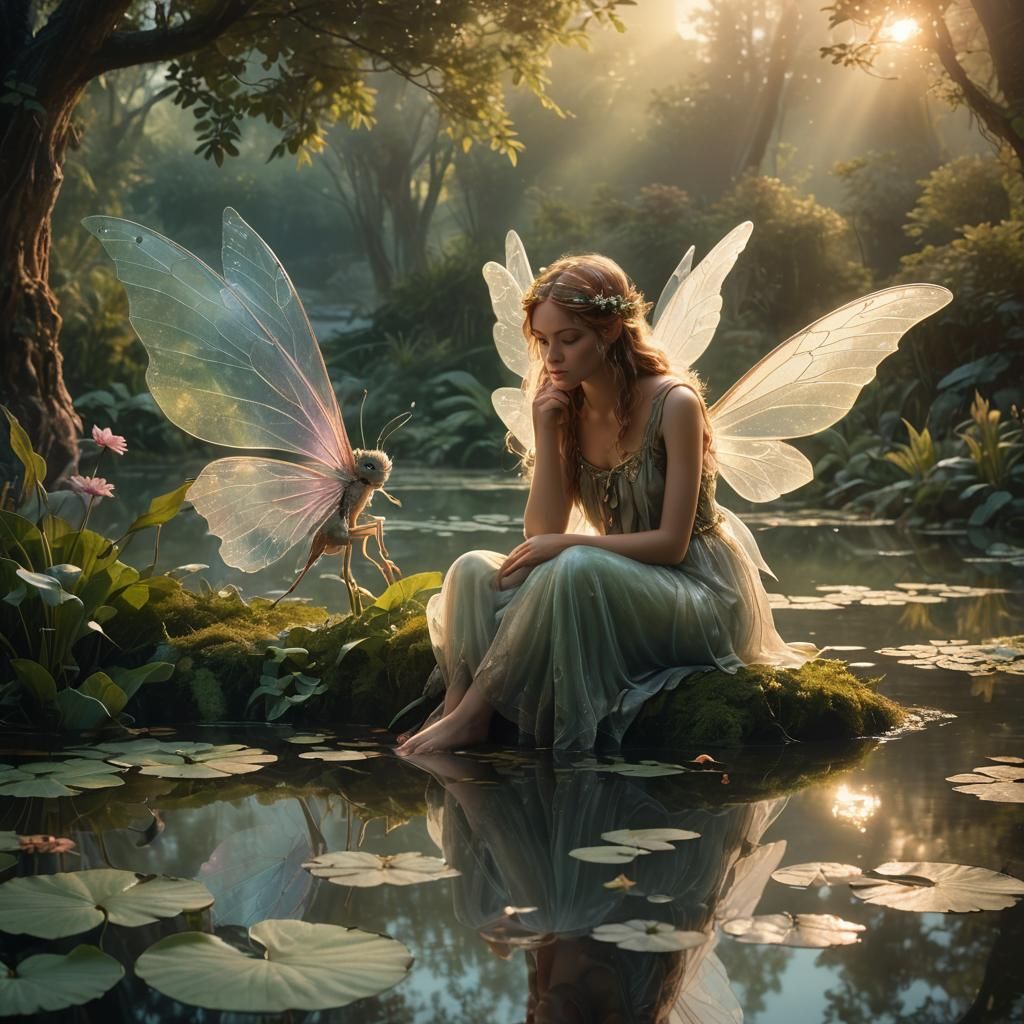 Fairy Contemplation by Pond: Fantasy Matte Painting