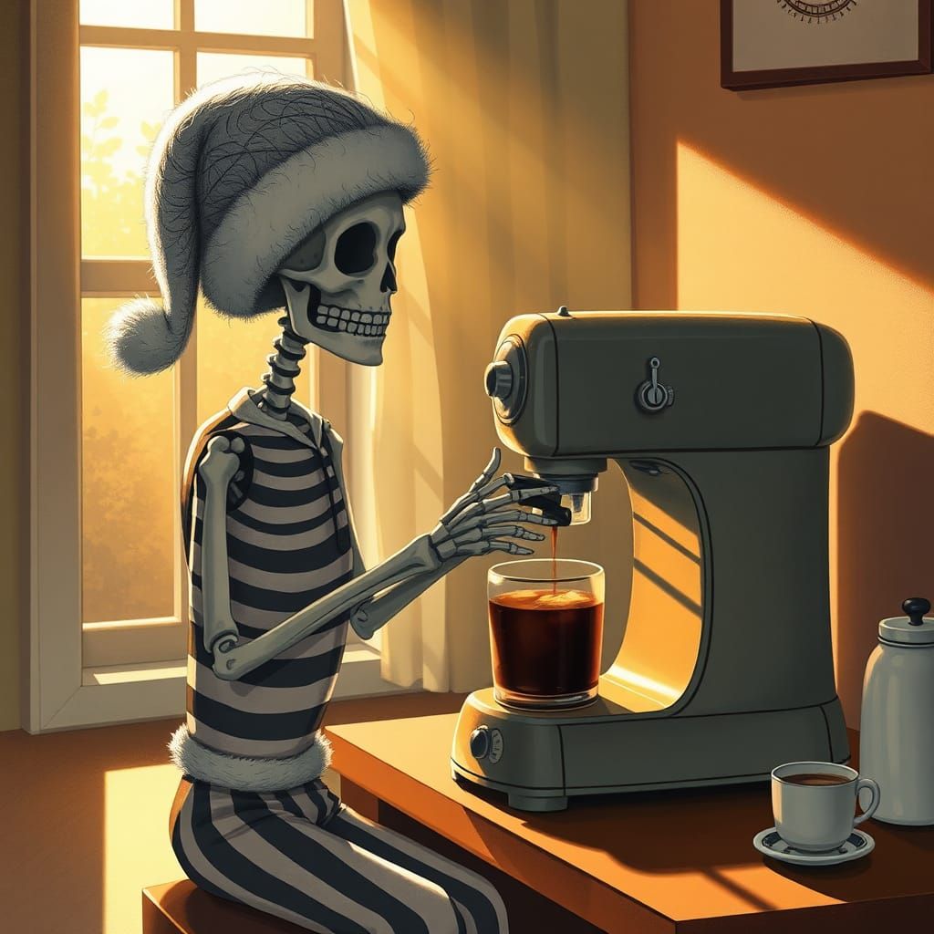 Adorable, slightly disheveled skeleton, dressed in cozy, striped pajamas and a soft, plush night hat, half asleep, mecha...