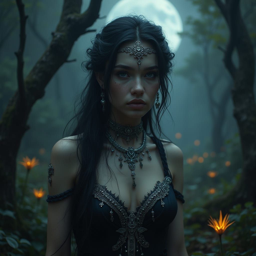 A breathtakingly beautiful woman with ethereal, dark fantasy...