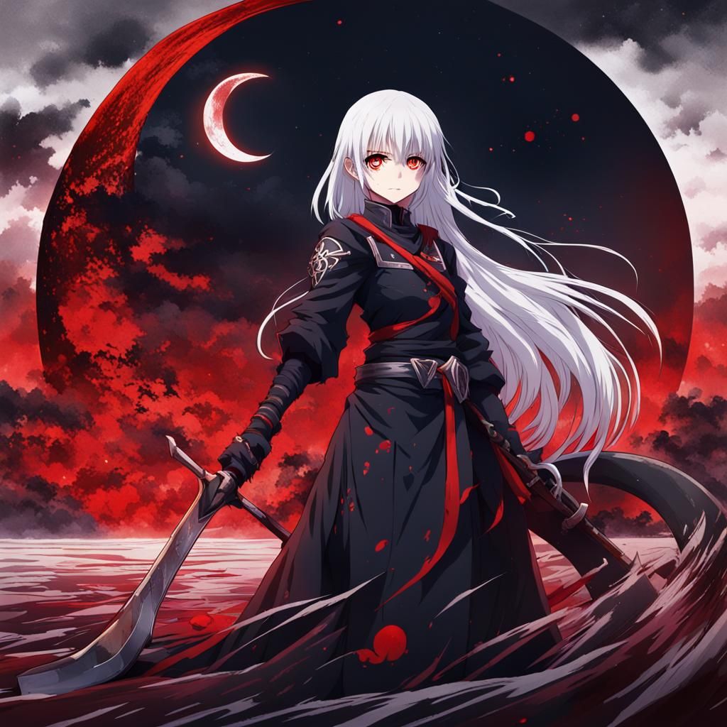 Anime Death Girl with Scythe in Blood River