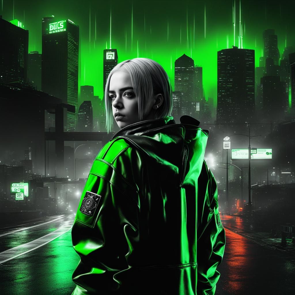Billie Eilish Punk Portrait in Selective Green