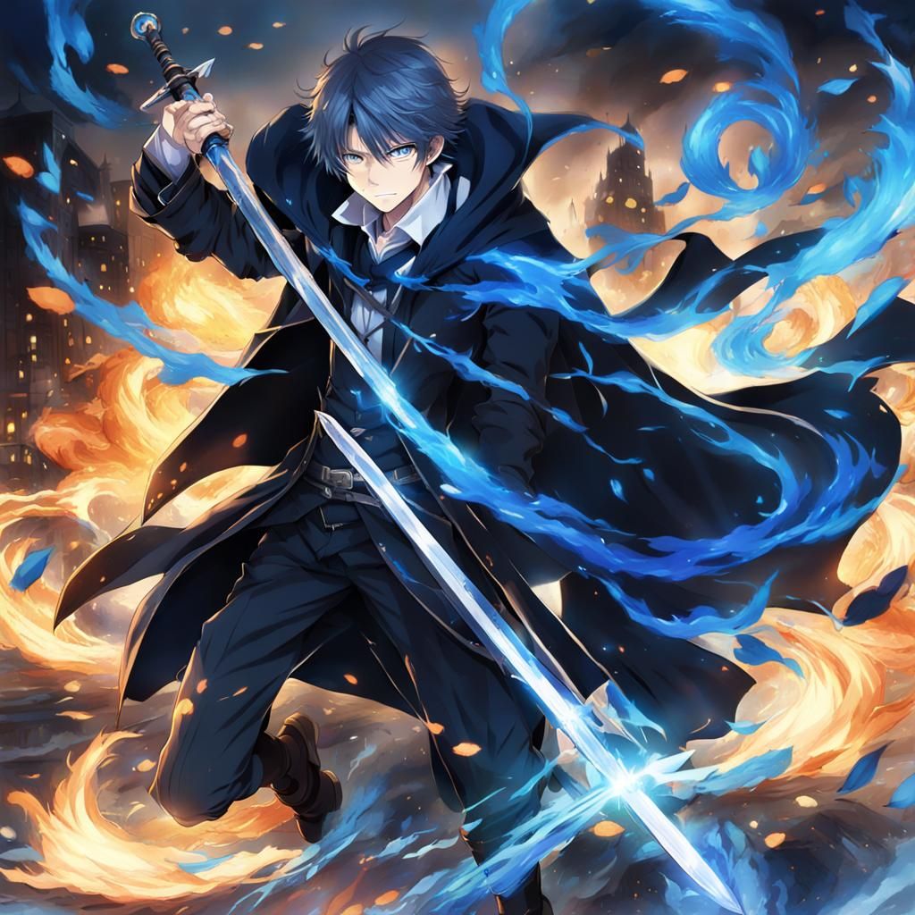 Boy with Sword Amid Blue Flames in Anime Style