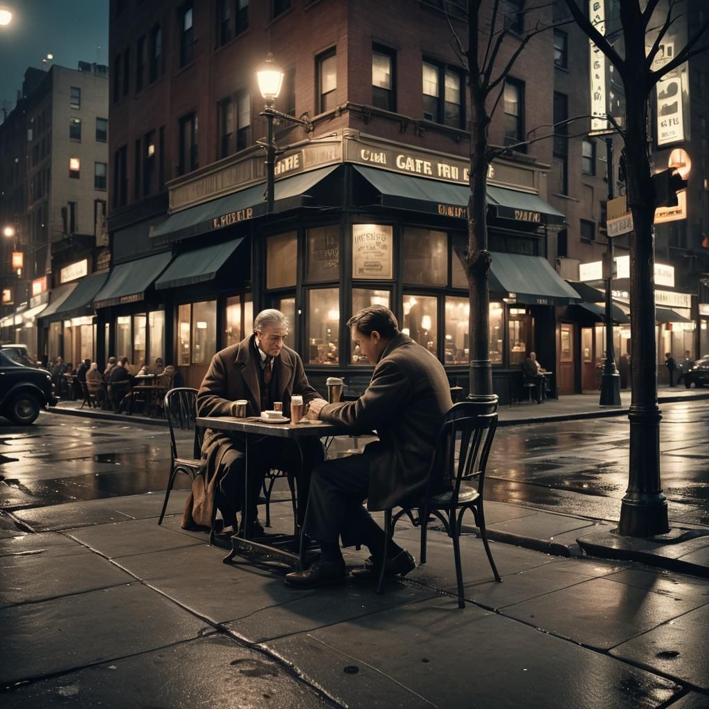 New York Cafe Scene at Night, Matte Painting Style