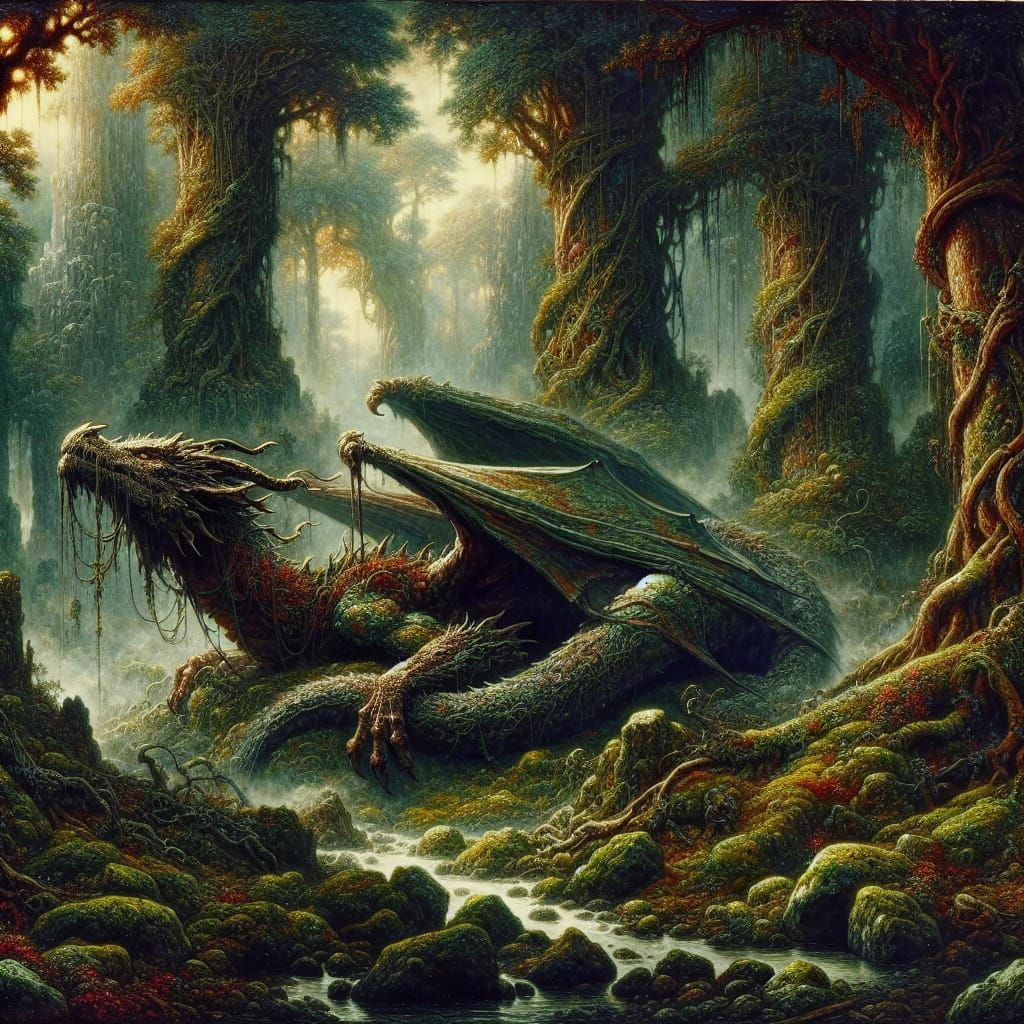 Dragon in Eerie Forest: Fantasy Art