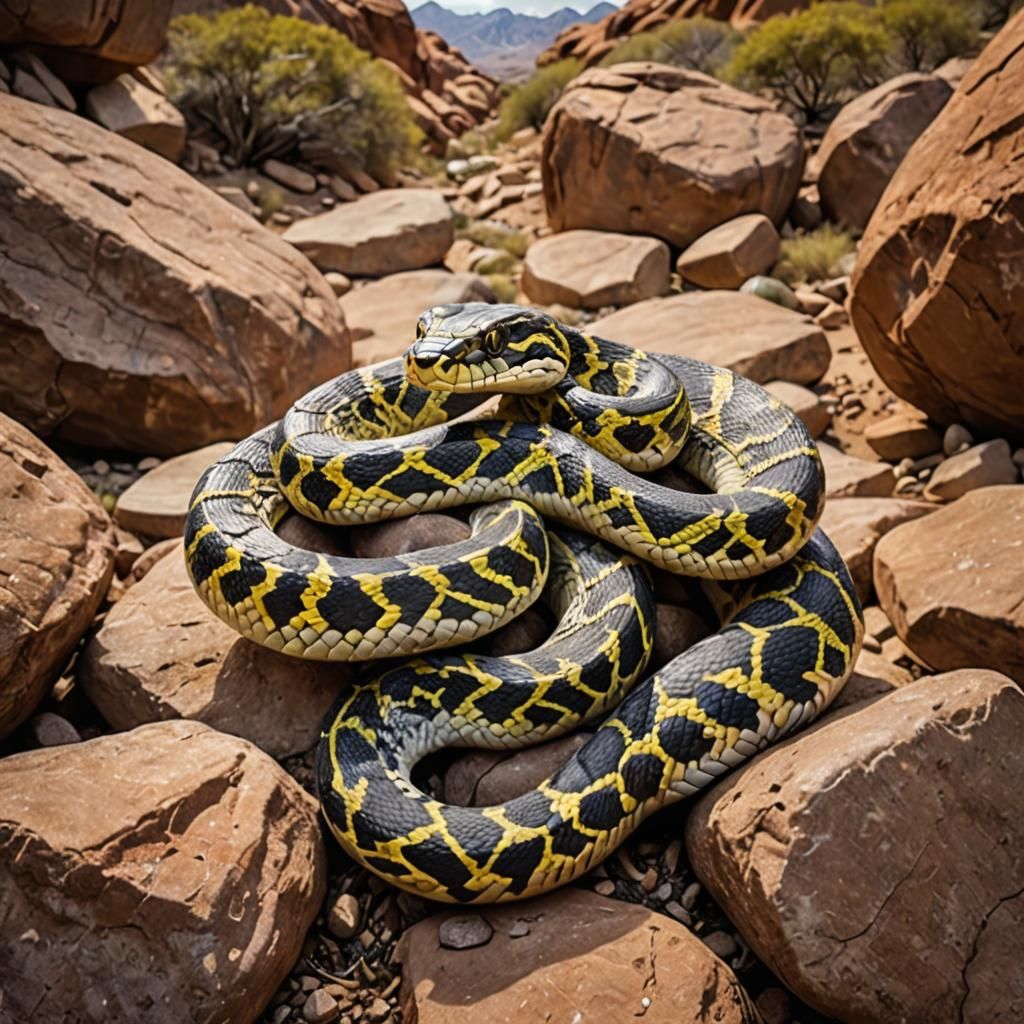 A snake in its habitat between the rocks