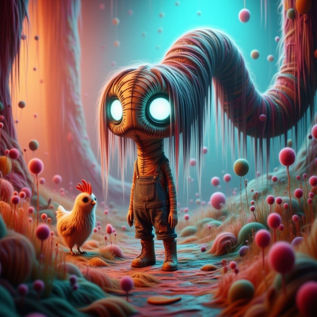 Whimsical Earthworm Confronts Frightened Chicken in Vibrant ...