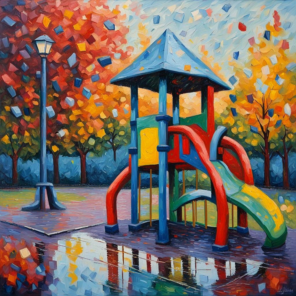 Rainy Day Playground in Expressionist Oil Painting