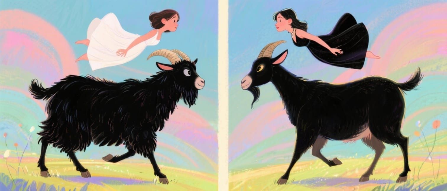 Whimsical Cartoon Goat With Floating Woman's Heads
