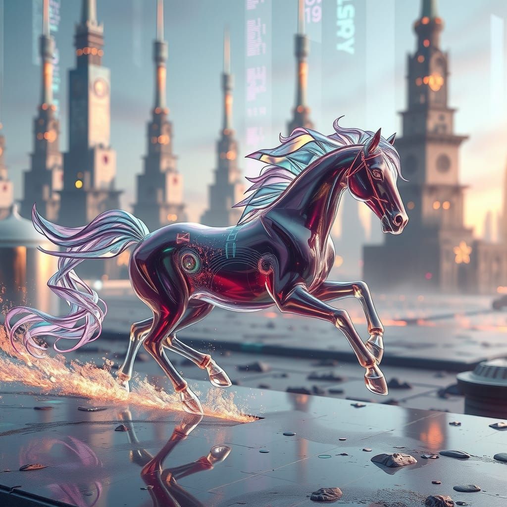 Glass Horse Galloping in a Digital Landscape