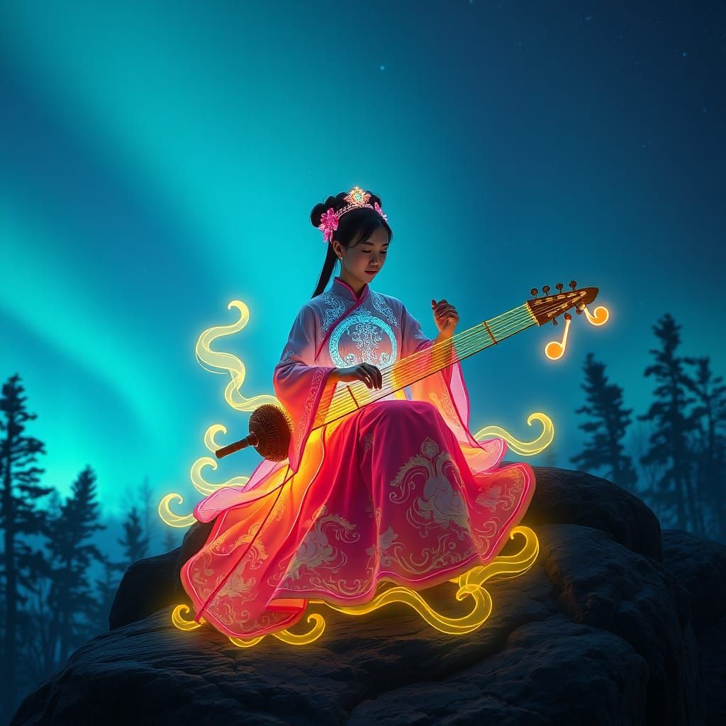 Neon Chinese Girl Playing Gu Zheng, Fantasy Art