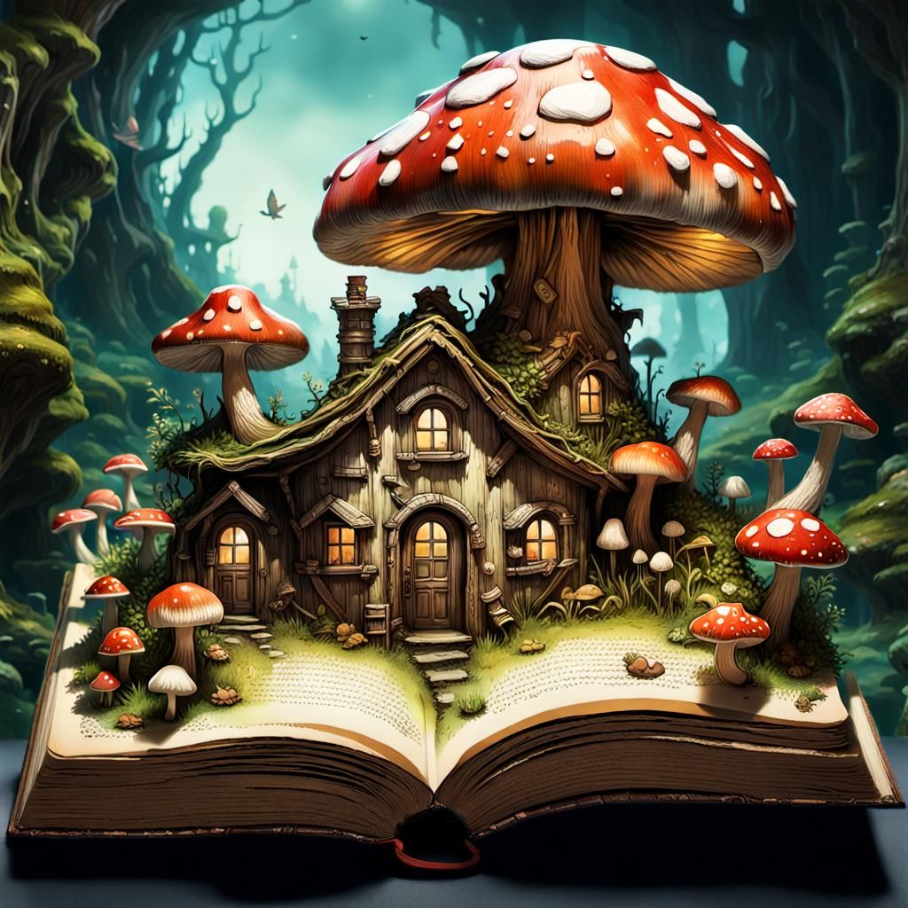 Miniature Fairy Homes in Aged Book, 3D Render
