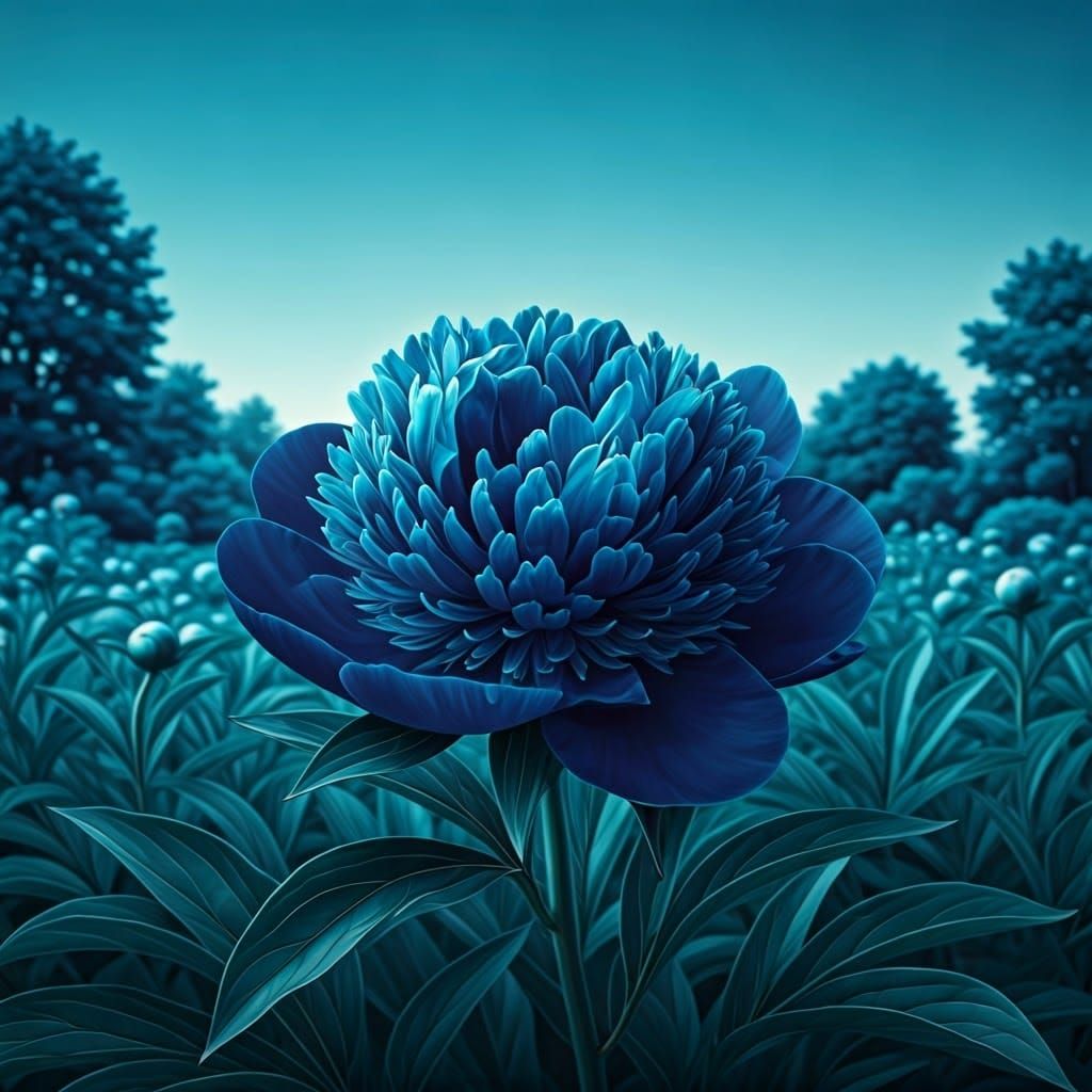 Dark Blue Peony in Blue-Green Garden Matte Painting